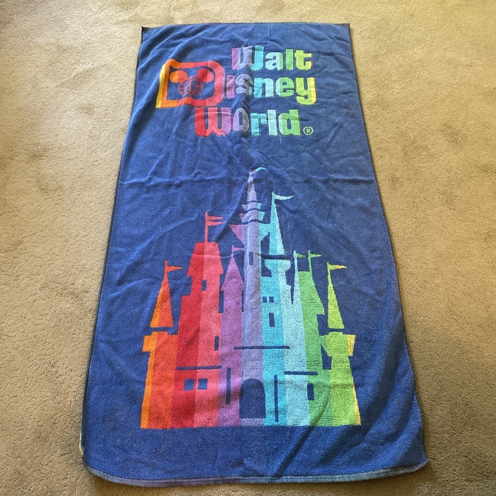 Vintage 80's Walt Disney Beach Towel Rainbow Castle Cotton 50" X 25" 2 Sided